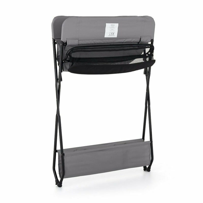 Feedo - Masuta multifunctionala pentru infasat si schimbat scutece, Pliabila, Cu raft pentru depozitare si compartiment lateral, Realizata din fier, panza si in, 80.5 x 67 x 102.5 cm, Gri