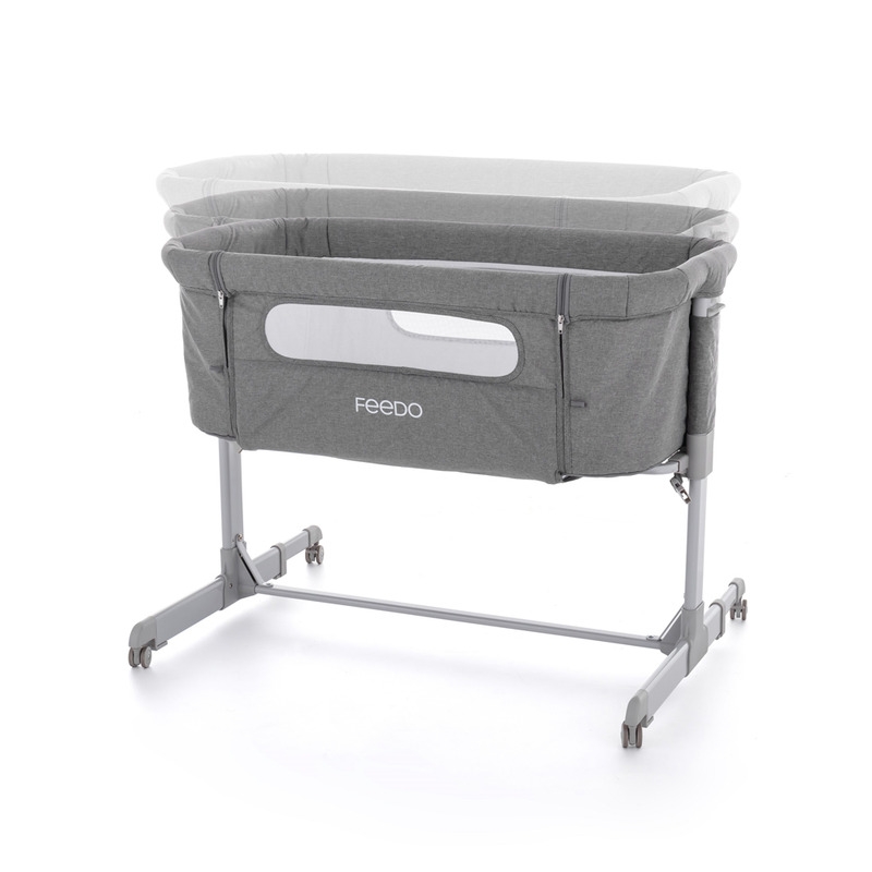 Feedo - Patut co-sleeper, Pliabil, Reglabil in 5 pozitii, Cu laterala detasabila, Include geanta de transport si salteluta, Cu roti, Greutate maxima suportata 9 kg, 0-5 luni, Gri