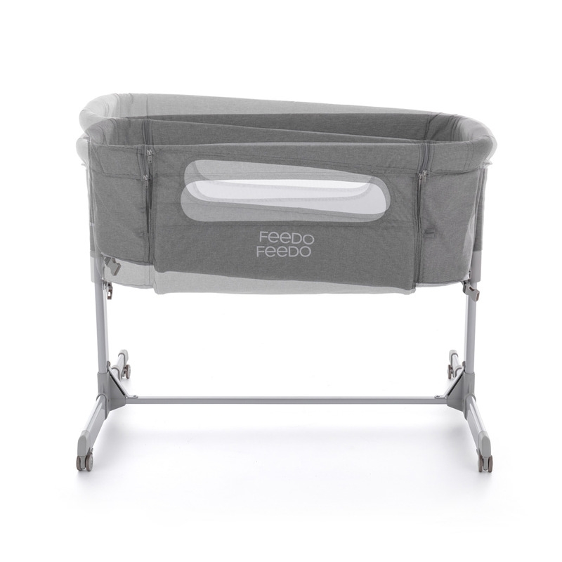 Feedo - Patut co-sleeper, Pliabil, Reglabil in 5 pozitii, Cu laterala detasabila, Include geanta de transport si salteluta, Cu roti, Greutate maxima suportata 9 kg, 0-5 luni, Gri
