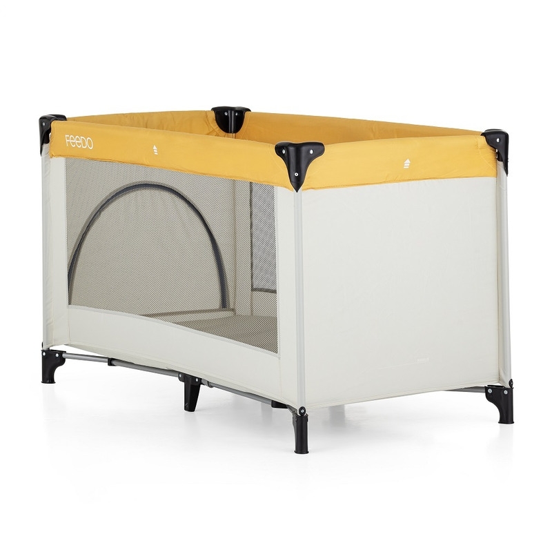 Feedo - Patut de calatorie, Pliabil, Cu geanta de transport inclusa, Cu intrare laterala si inchidere prin fermoar, Greutate maxima suportata 15 kg, 0-30 luni, Galben