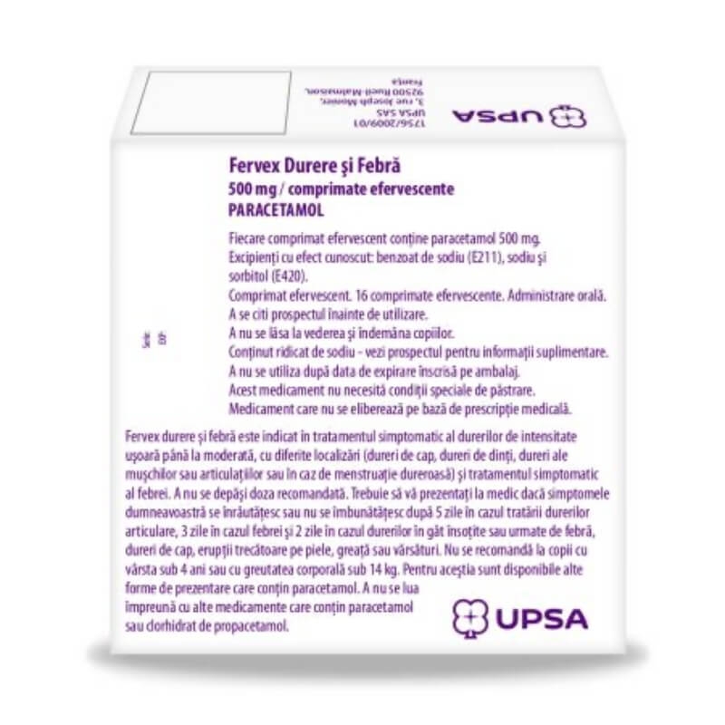 Fervex Durere si Febra, 500 mg, 16 comprimate efervescente, Upsa