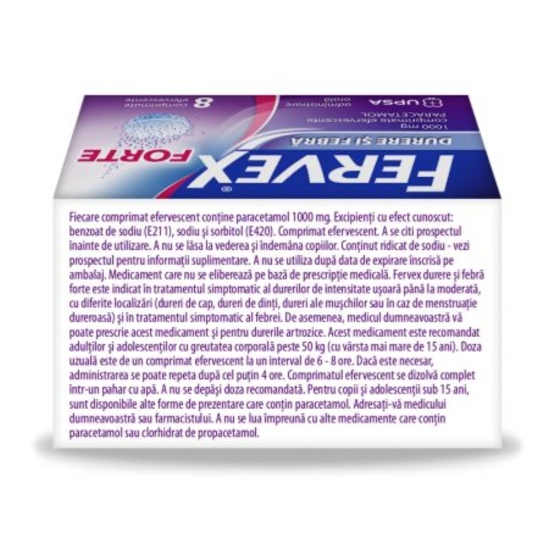 Fervex Durere si Febra Forte, 1000 mg, 8 comprimate efervescente, Upsa