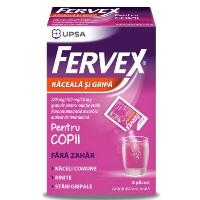 Fervex Raceala si Gripa fara zahar pentru copii, 280mg/100 mg/10 mg, 8 plicuri, Upsa