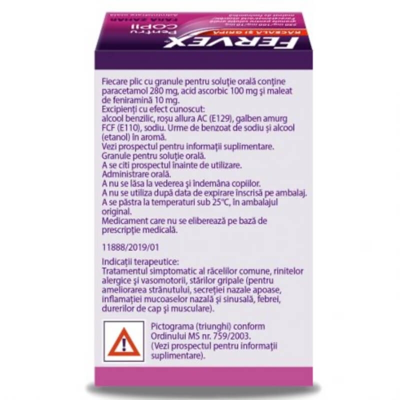 Fervex Raceala si Gripa fara zahar pentru copii, 280mg/100 mg/10 mg, 8 plicuri, Upsa