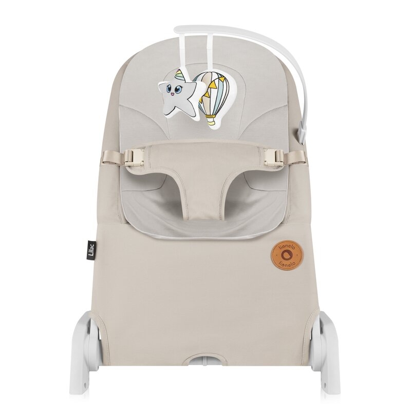 Fotoliu balansoar, Lionelo, Lilac, Cu arcada cu jucarii, Ergonomic, Reglare spatar in 3 pozitii, Pernuta moale invelita in tesatura de bambus, Pliabil, 0-6 luni, Bej