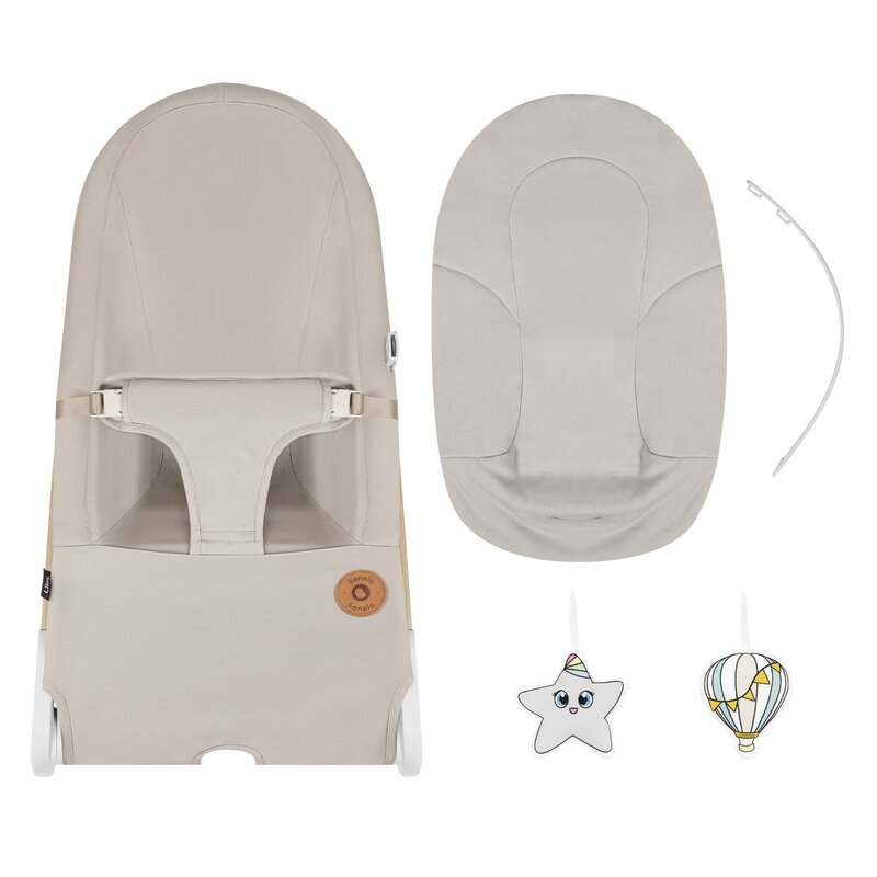 Fotoliu balansoar, Lionelo, Lilac, Cu arcada cu jucarii, Ergonomic, Reglare spatar in 3 pozitii, Pernuta moale invelita in tesatura de bambus, Pliabil, 0-6 luni, Bej