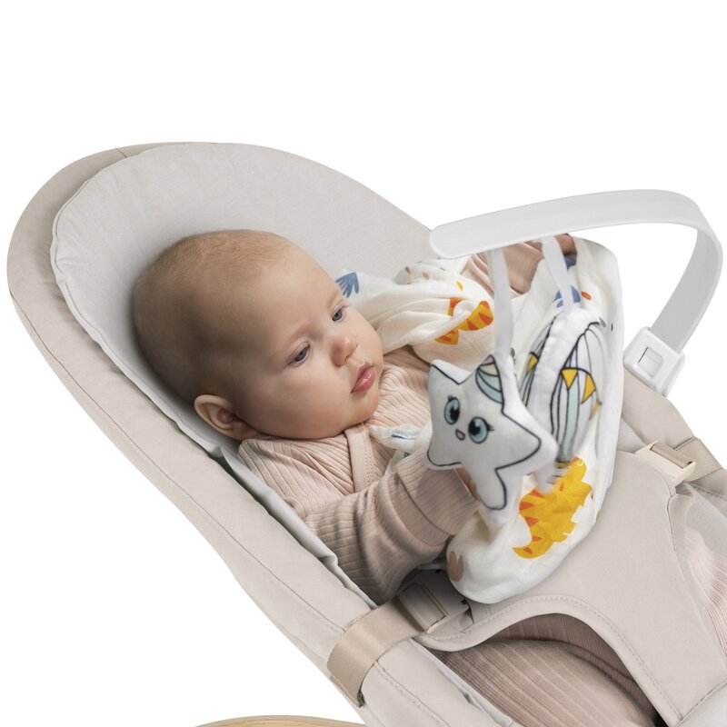Fotoliu balansoar, Lionelo, Lilac, Cu arcada cu jucarii, Ergonomic, Reglare spatar in 3 pozitii, Pernuta moale invelita in tesatura de bambus, Pliabil, 0-6 luni, Bej
