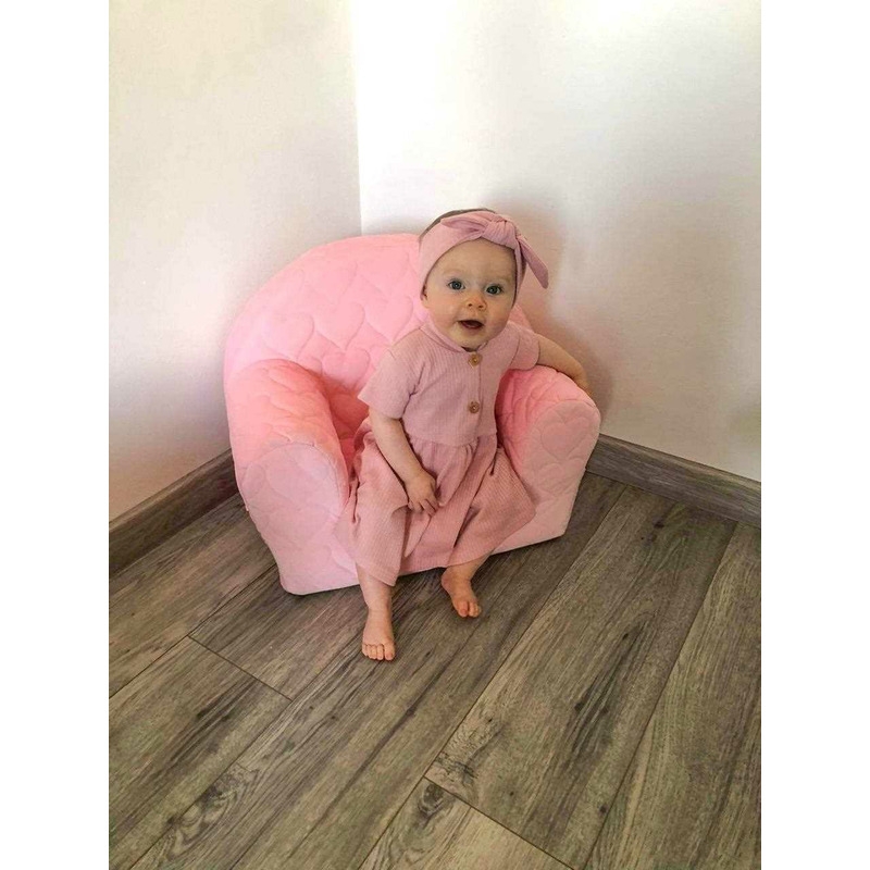 Fotoliu din burete pentru copii, Cu buzunar lateral, Din tesatura de catifea, Cu Husa detasabila, Hearts, Din materiale certificate Oeko Tex Standard 100, New Baby, 9 luni - 5 ani, Pink