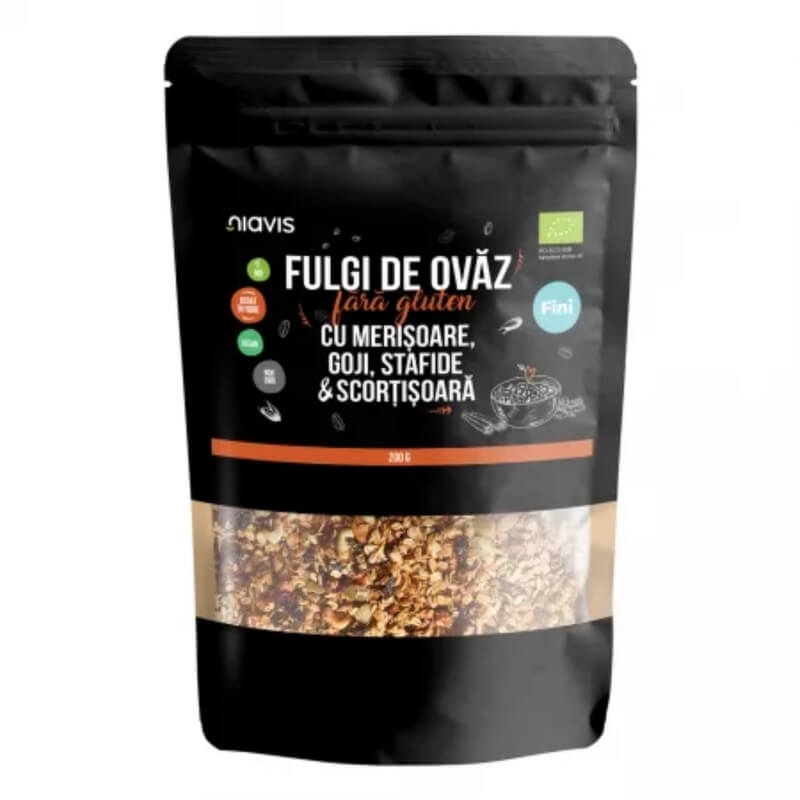Fulgi de ovaz fini fara gluten cu merisoare, goji, stafide si scortisoara eco, 200 g, Niavis