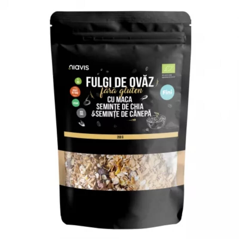 Fulgi de ovaz fini fara gluten cu maca, seminte de chia si seminte de canepa, 200 g, Niavis