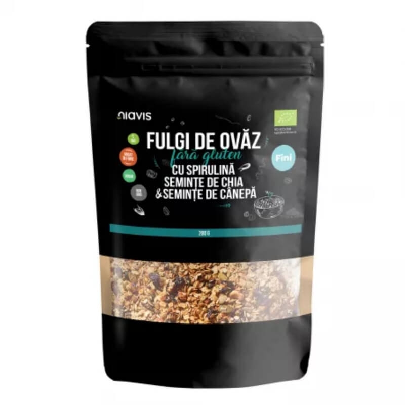 Fulgi de ovaz fini fara gluten cu spirulina, chia si seminte de canepa, 200 g, Niavis