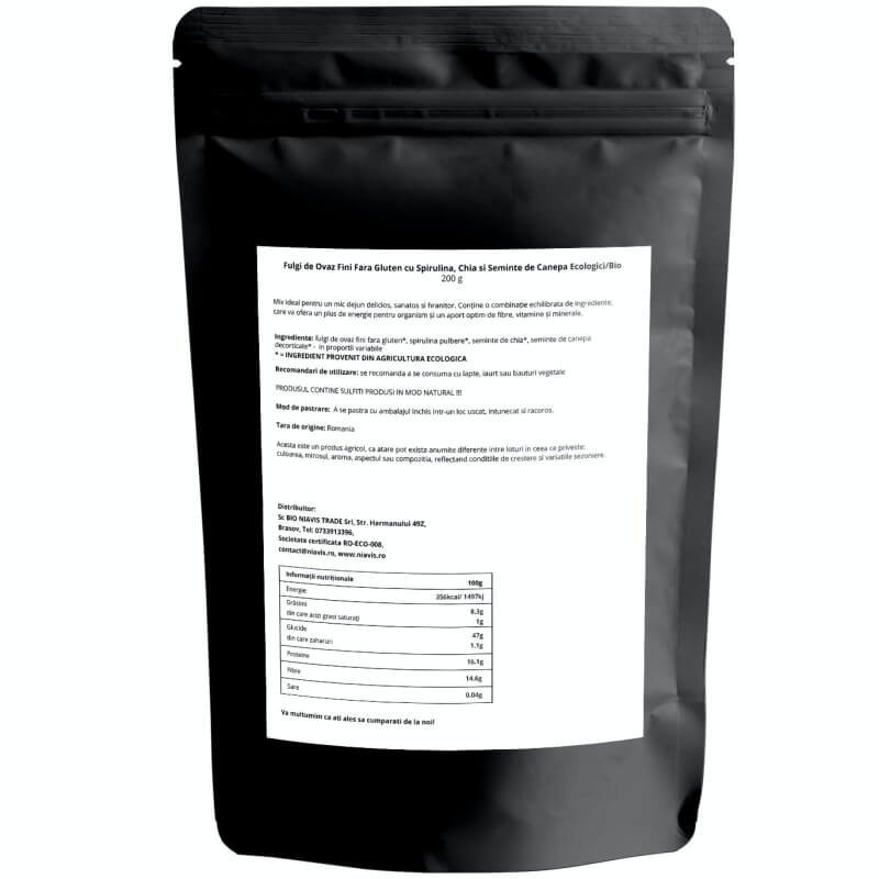 Fulgi de ovaz fini fara gluten cu spirulina, chia si seminte de canepa, 200 g, Niavis
