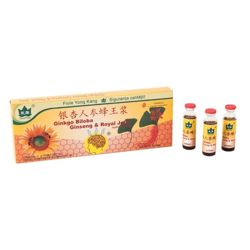 Ginkgo Biloba, Ginseng si Royal Jelly, 10 fiole, Yong Kang
