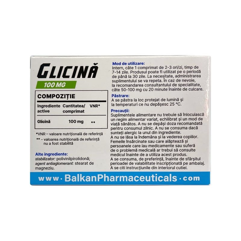 Glicina 100 mg, 60 comprimate, Balkan Pharmaceuticals
