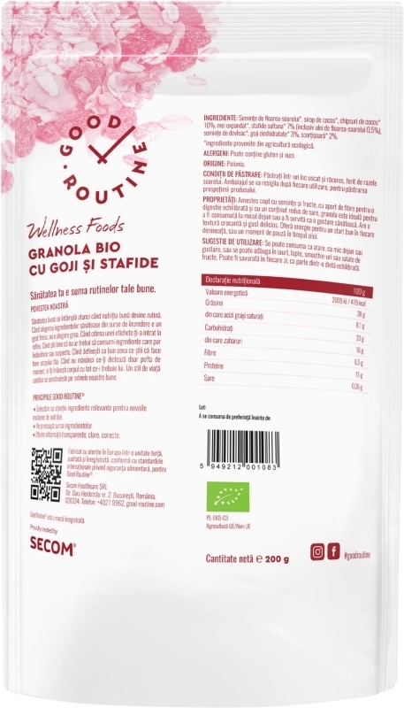 Granola Bio cu goji si stafide Good Routine Wellness Foods, 200 g, Secom Granola Bio cu goji si stafide Good Routine Wellness Foods, 200 g, Secom