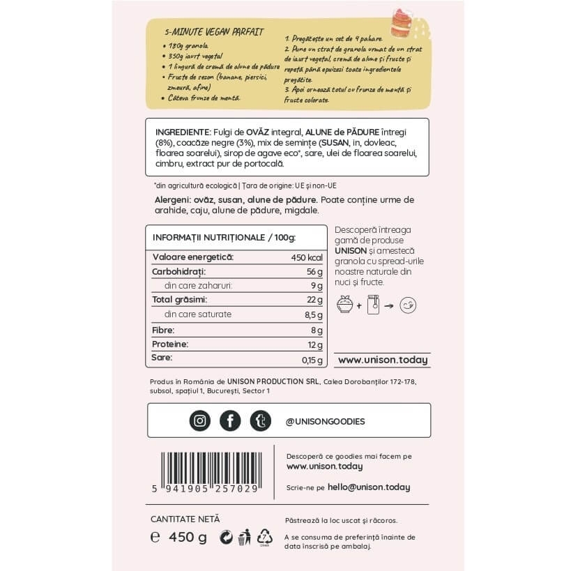 Granola cu alune de padure si coacaze negre, 450 g, Unison