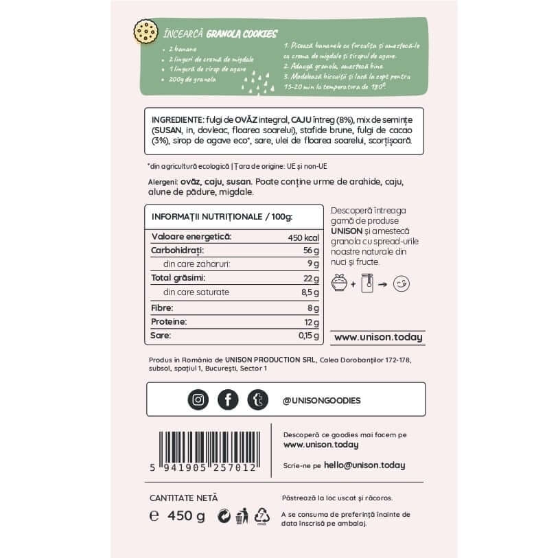 Granola cu caju si fulgi de cacao, 450 g, Unison