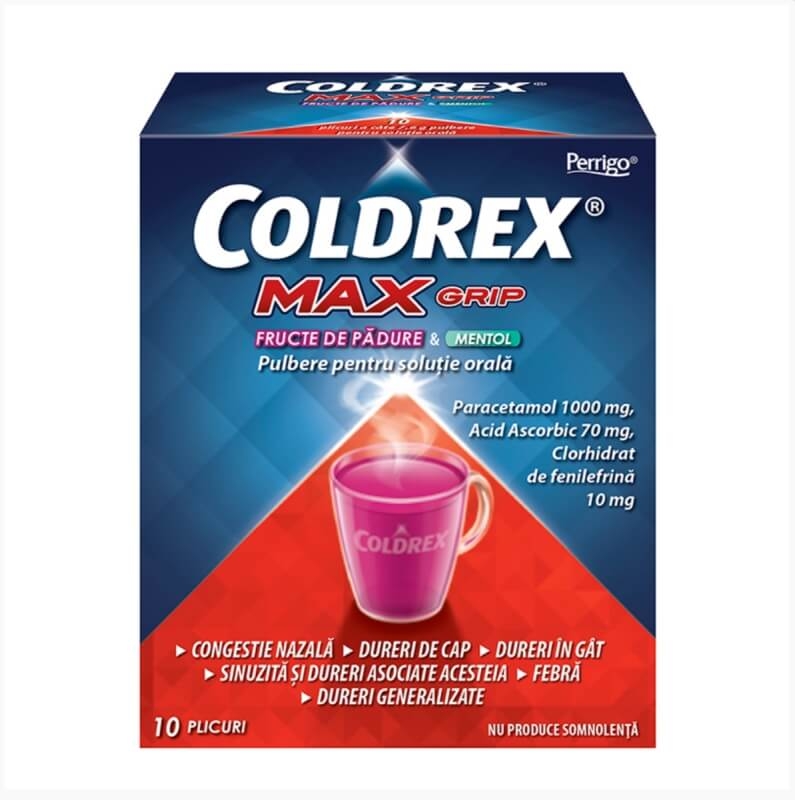 Coldrex MaxGrip fructe de padure si mentol, 10 plicuri, Perrigo