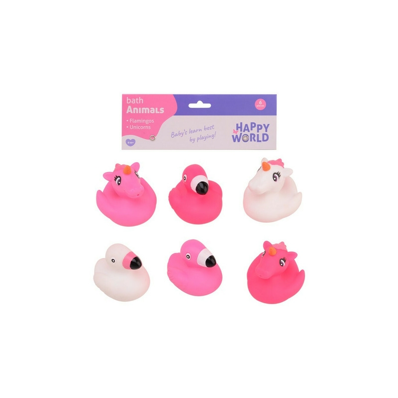 Happy World - Set de baie cu flamingo si unicorni, 6 buc, Din cauciuc, Roz