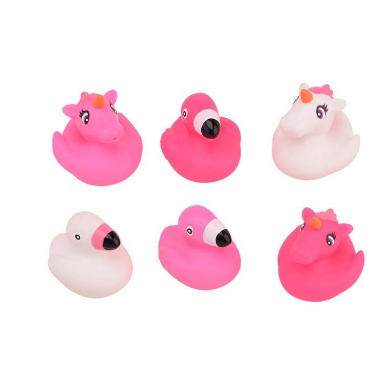 Happy World - Set de baie cu flamingo si unicorni, 6 buc, Din cauciuc, Roz