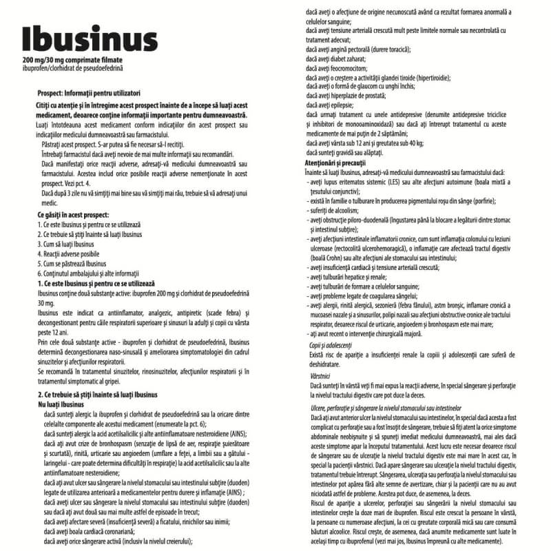 Ibusinus Raceala si Gripa, 200 mg/30 mg, 20 comprimate filmate, Labormed