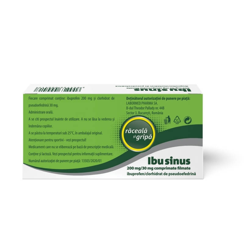 Ibusinus Raceala si Gripa, 200 mg/30 mg, 20 comprimate filmate, Labormed