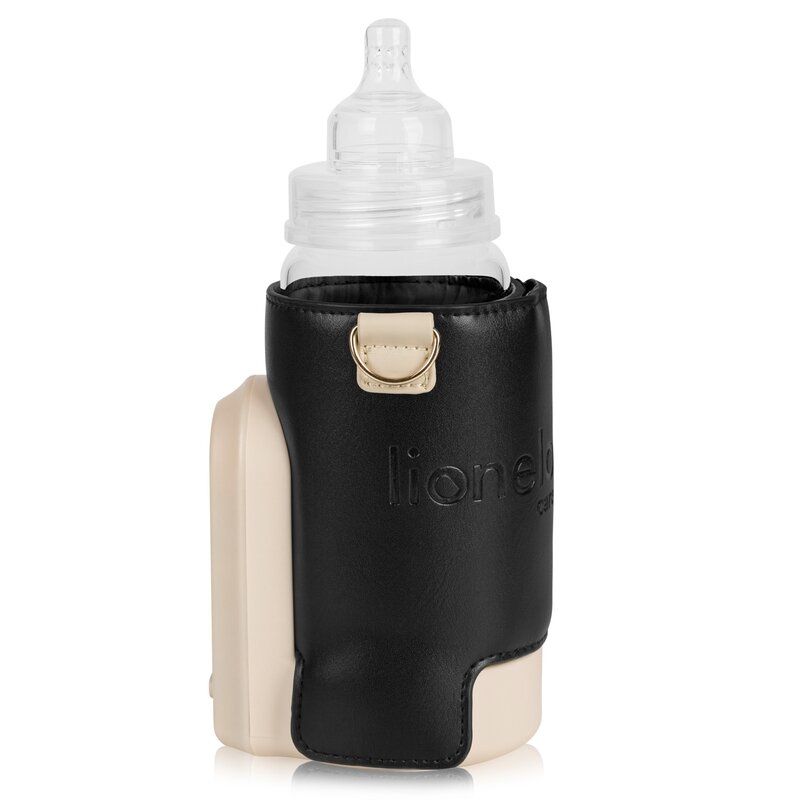 Incalzitor biberoane, Lionelo, ThermUp Go Evo, Portabil, Cu 5 niveluri de incalzire, Cu buton Safety Control, Mentinere caldura pana la 9h, Incarcare USB, Negru/Auriu