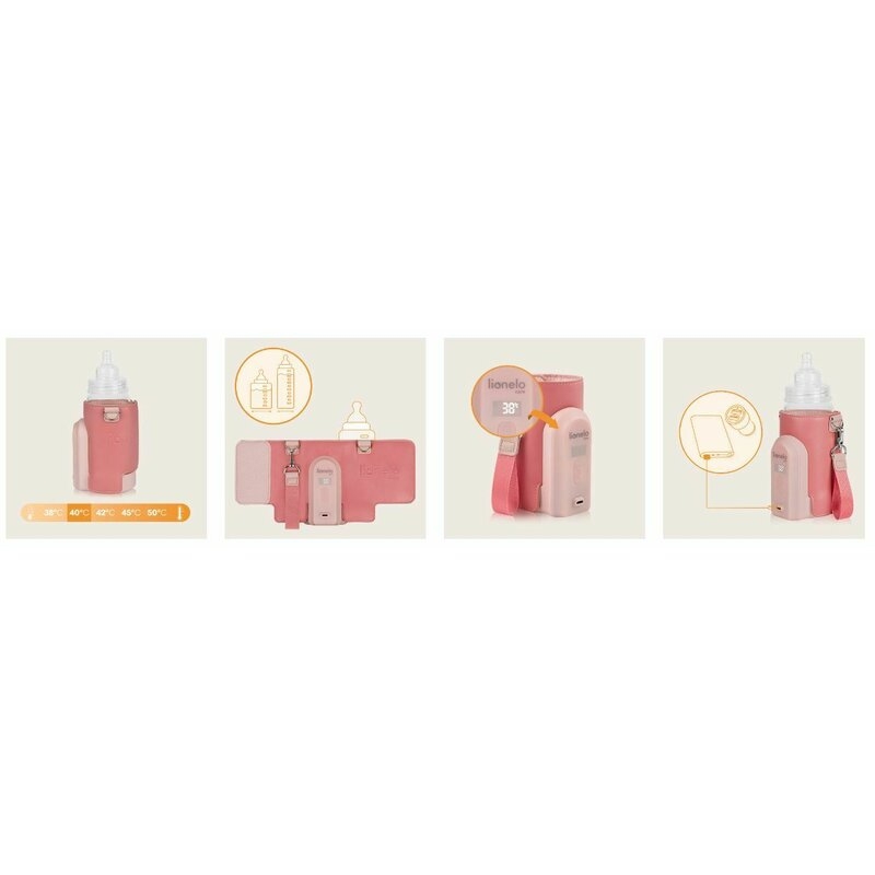 Incalzitor biberoane, Lionelo, ThermUp Go Evo, Portabil, Cu 5 niveluri de incalzire, Cu buton Safety Control, Mentinere caldura pana la 9h, Incarcare USB, Roz