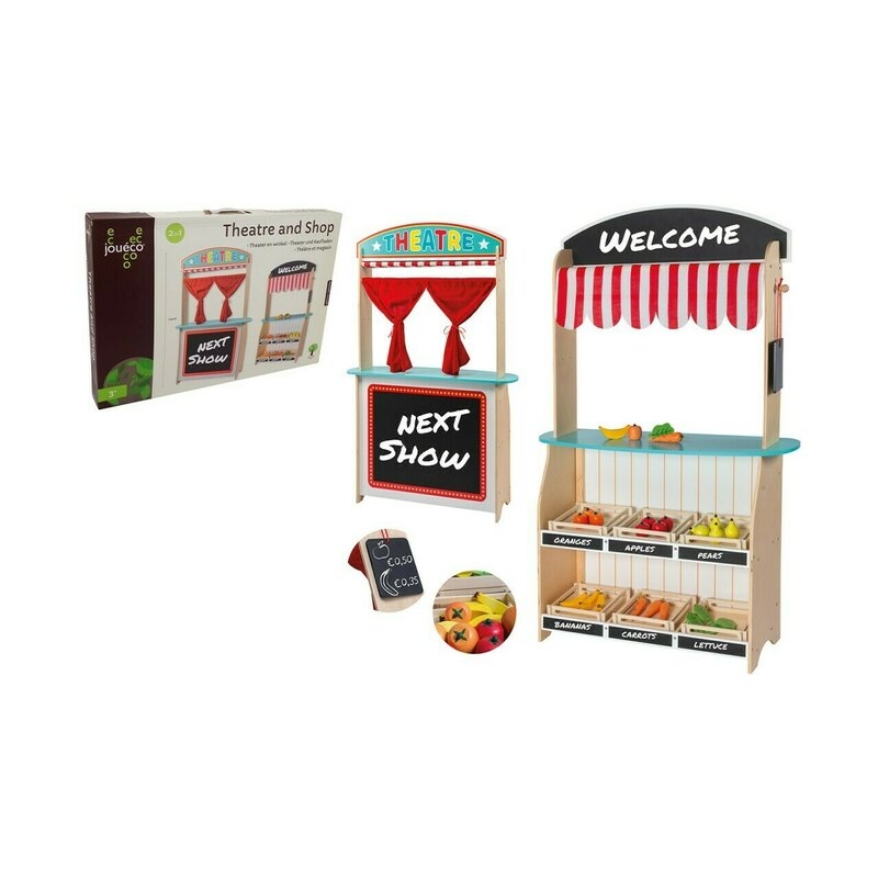 Joueco - Jucarie de lemn in lemn certificat FSC, 2 in 1, Teatru si magazin, Cu accesorii, 110 x 68.5 x 23 cm, 3 ani+, Multicolor