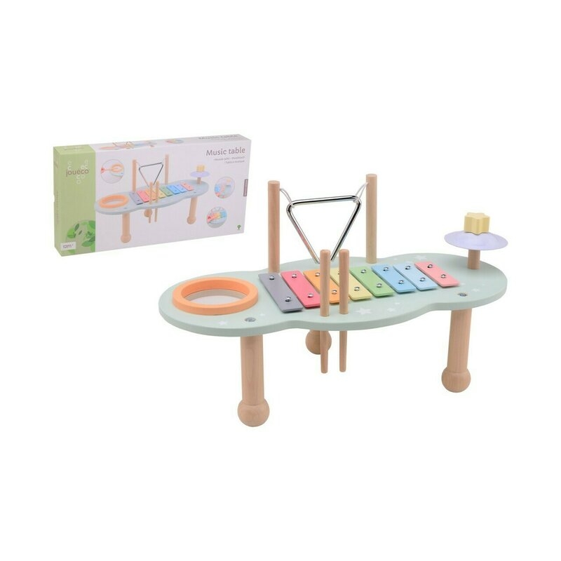 Joueco - Masuta muzicala multifunctionala din lemn certificat FSC, Cu accesorii, 44,8 x 22,5 x 24,5 cm, Multicolora