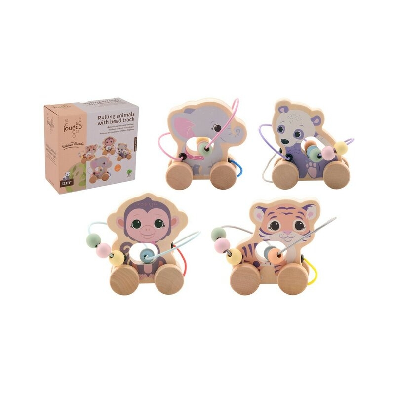 Joueco - Set 4 jucarii din lemn certificat FSC, Cu margele, Elefant, Panda, Maimuta, Tigru, Dezvolta abilitatile senzoriale si motorii, 12 luni+, Multicolor