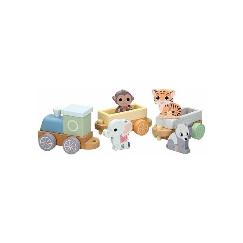 Joueco - Trenulet din lemn certificat FSC, Cu locomotiva si doua vagoane, Include 4 figurine in forma de maimuta, tigru, elefant si panda,18 luni+, Multicolor