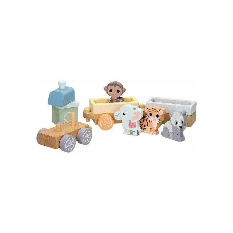 Joueco - Trenulet din lemn certificat FSC, Cu locomotiva si doua vagoane, Include 4 figurine in forma de maimuta, tigru, elefant si panda,18 luni+, Multicolor