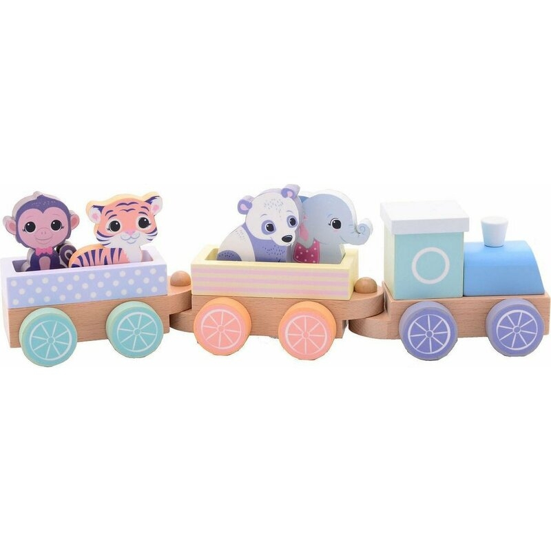 Joueco - Trenulet din lemn certificat FSC, Cu locomotiva si doua vagoane, Include 4 figurine in forma de maimuta, tigru, elefant si panda,18 luni+, Multicolor