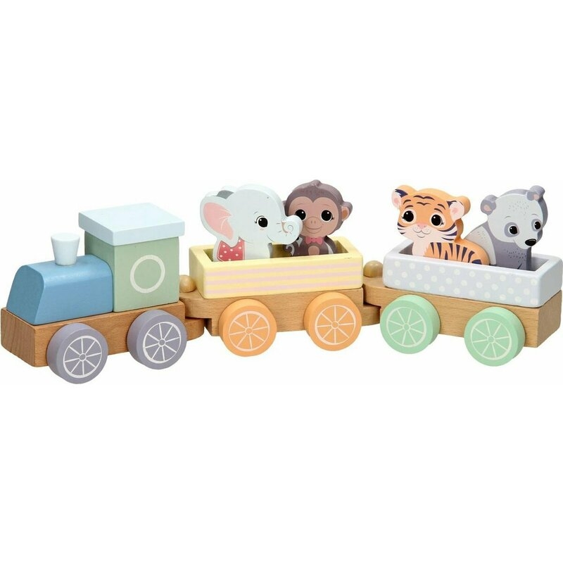 Joueco - Trenulet din lemn certificat FSC, Cu locomotiva si doua vagoane, Include 4 figurine in forma de maimuta, tigru, elefant si panda,18 luni+, Multicolor