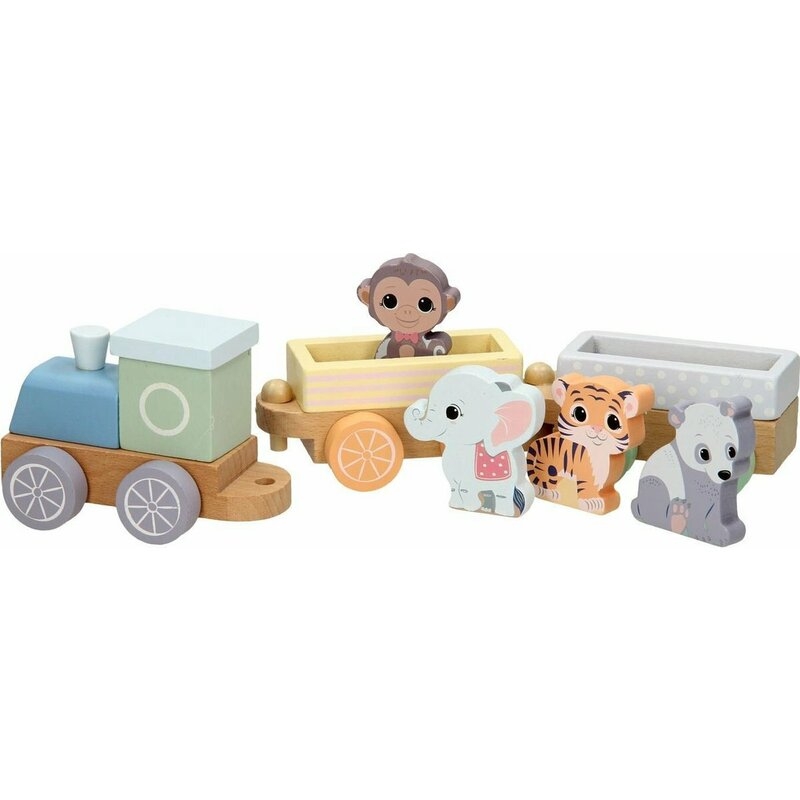 Joueco - Trenulet din lemn certificat FSC, Cu locomotiva si doua vagoane, Include 4 figurine in forma de maimuta, tigru, elefant si panda,18 luni+, Multicolor
