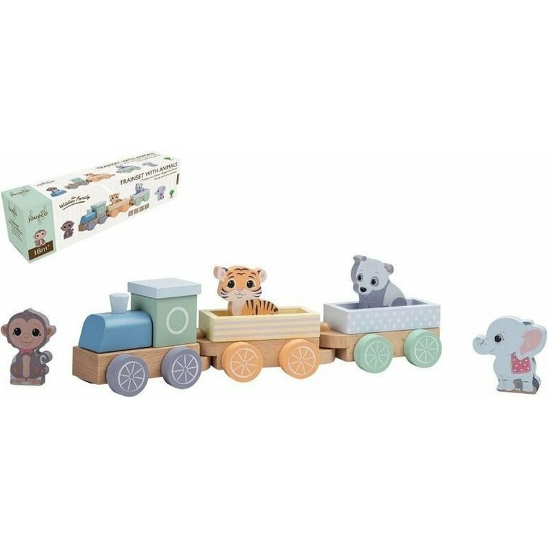 Joueco - Trenulet din lemn certificat FSC, Cu locomotiva si doua vagoane, Include 4 figurine in forma de maimuta, tigru, elefant si panda,18 luni+, Multicolor