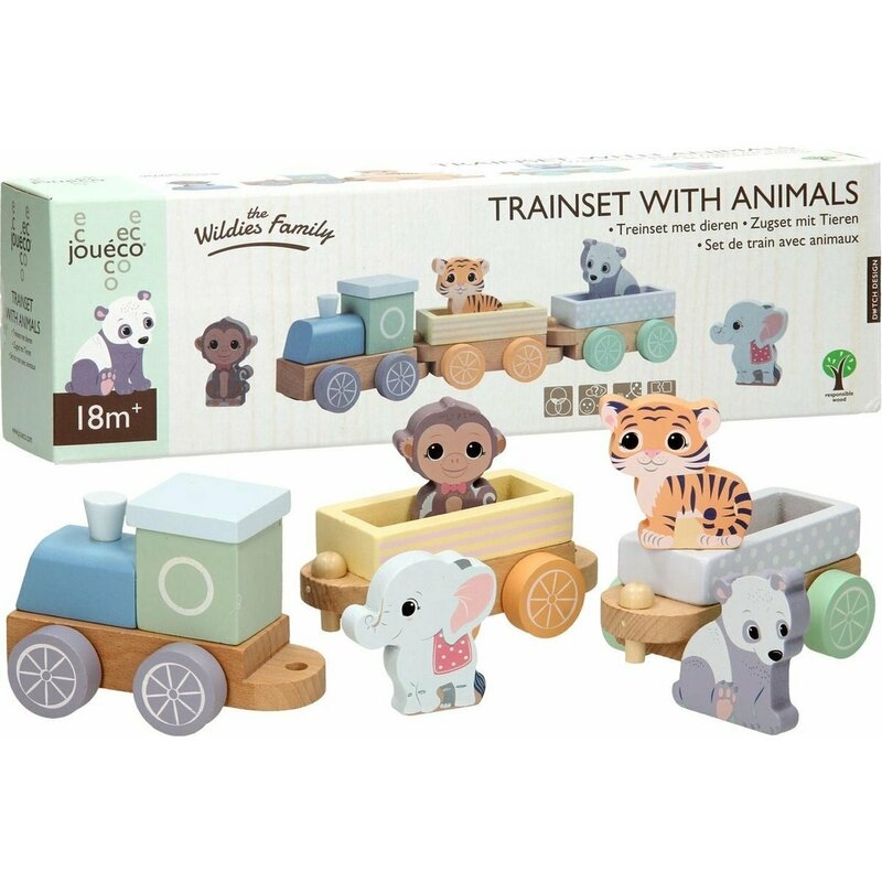 Joueco - Trenulet din lemn certificat FSC, Cu locomotiva si doua vagoane, Include 4 figurine in forma de maimuta, tigru, elefant si panda,18 luni+, Multicolor