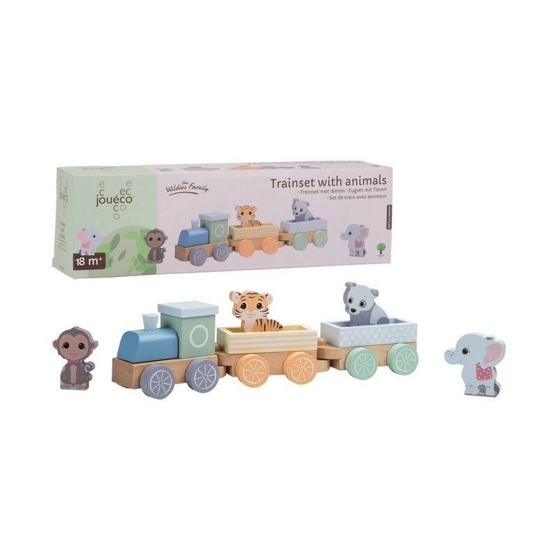 Joueco - Trenulet din lemn certificat FSC, Cu locomotiva si doua vagoane, Include 4 figurine in forma de maimuta, tigru, elefant si panda,18 luni+, Multicolor