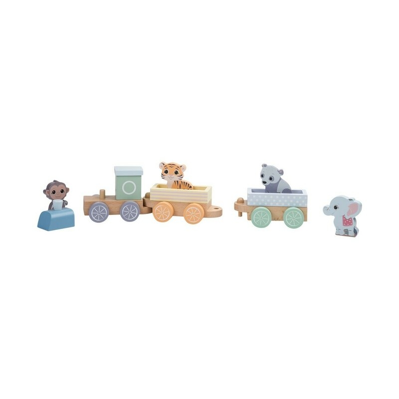 Joueco - Trenulet din lemn certificat FSC, Cu locomotiva si doua vagoane, Include 4 figurine in forma de maimuta, tigru, elefant si panda,18 luni+, Multicolor
