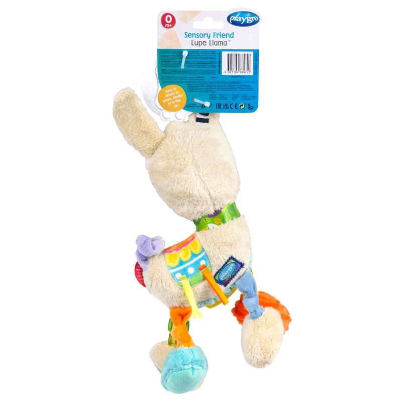 Jucarie carucior sau scaun auto, Playgro, Cu inele pentru dentitie, Cu diverse forme si texturi, Cu sunete si zornaieli, Dezvolta abilitatile motorii si imaginatia, 0 luni+, Sensory Friend Lupe Llama
