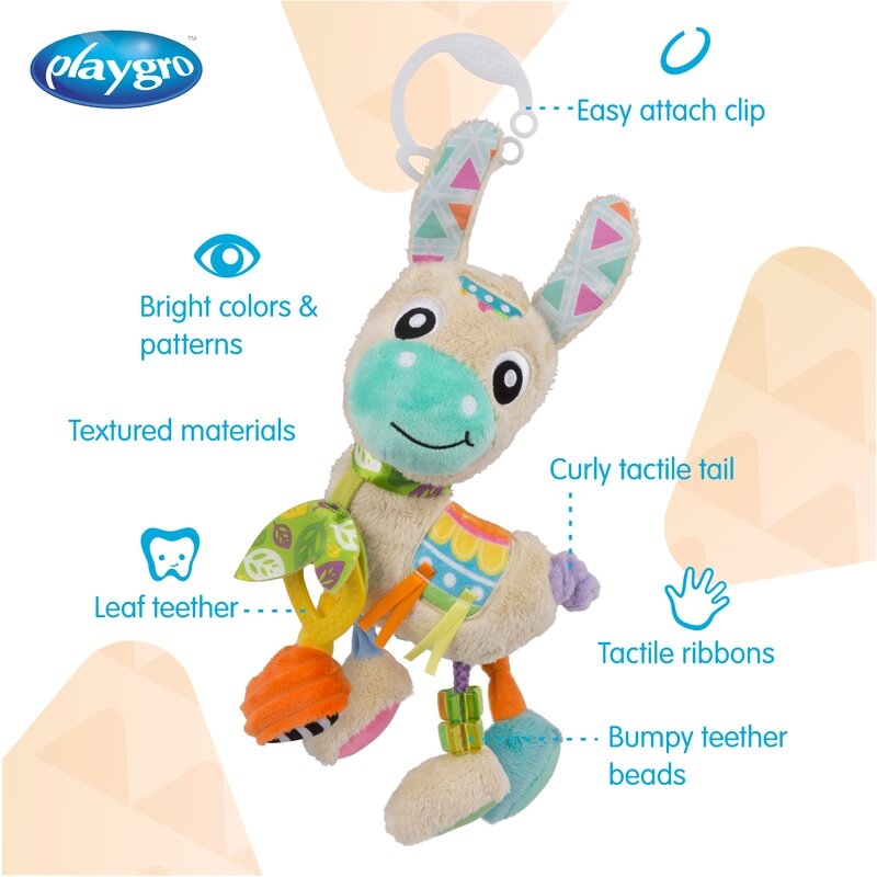 Jucarie carucior sau scaun auto, Playgro, Cu inele pentru dentitie, Cu diverse forme si texturi, Cu sunete si zornaieli, Dezvolta abilitatile motorii si imaginatia, 0 luni+, Sensory Friend Lupe Llama