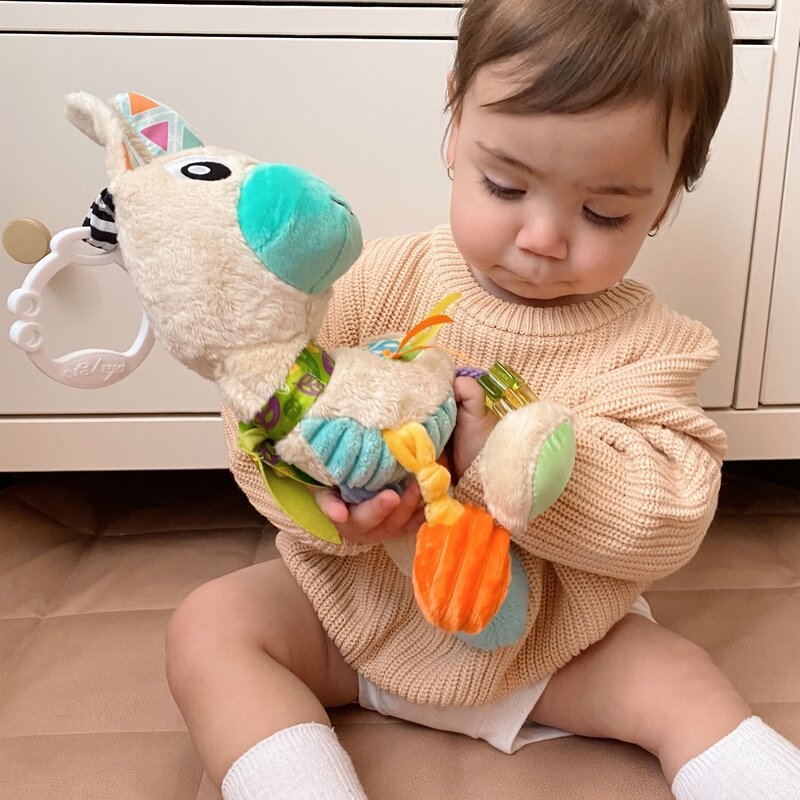 Jucarie carucior sau scaun auto, Playgro, Cu inele pentru dentitie, Cu diverse forme si texturi, Cu sunete si zornaieli, Dezvolta abilitatile motorii si imaginatia, 0 luni+, Sensory Friend Lupe Llama