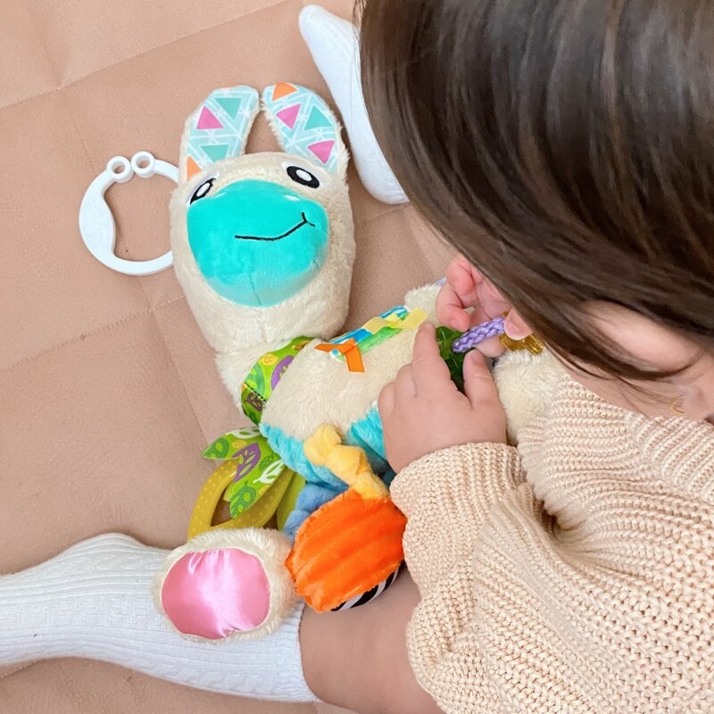 Jucarie carucior sau scaun auto, Playgro, Cu inele pentru dentitie, Cu diverse forme si texturi, Cu sunete si zornaieli, Dezvolta abilitatile motorii si imaginatia, 0 luni+, Sensory Friend Lupe Llama