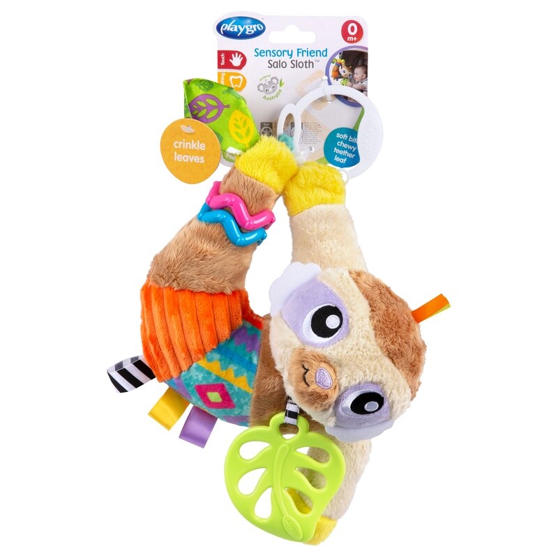 Jucarie carucior sau scaun auto, Playgro, Salo, Cu inele pentru dentitie, Cu diverse forme si texturi, Cu sunete si zornaieli, Dezvolta abilitatile motorii si imaginatia, 0 luni+, Sensory Friend Salo Sloth