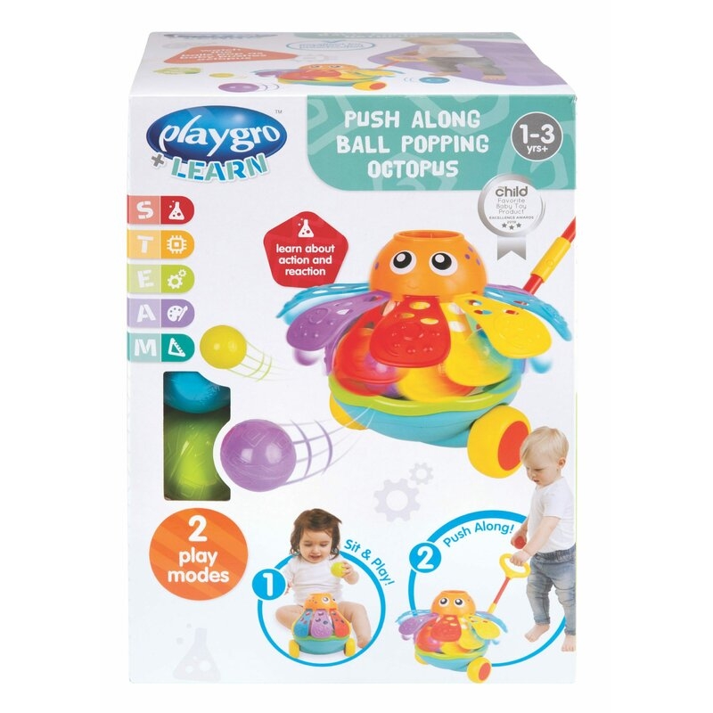 Jucarie de impins, Playgro, Cu 3 bile colorate, Cu maner detasabil, 6 luni+, Push Along Ball Popping Octopus