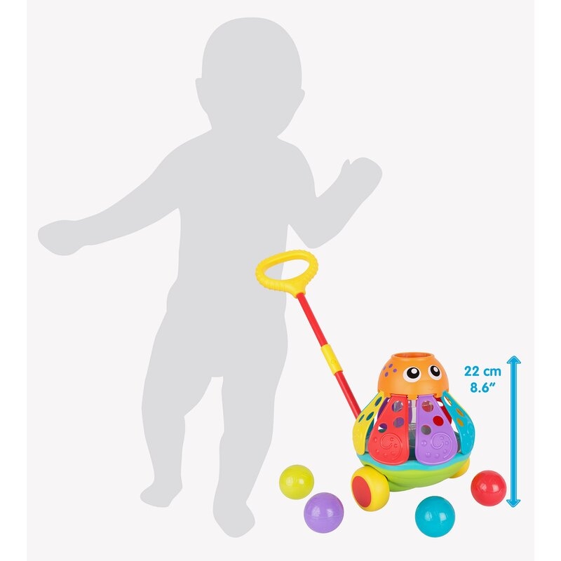 Jucarie de impins, Playgro, Cu 3 bile colorate, Cu maner detasabil, 6 luni+, Push Along Ball Popping Octopus