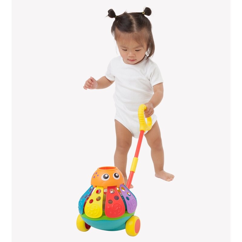 Jucarie de impins, Playgro, Cu 3 bile colorate, Cu maner detasabil, 6 luni+, Push Along Ball Popping Octopus