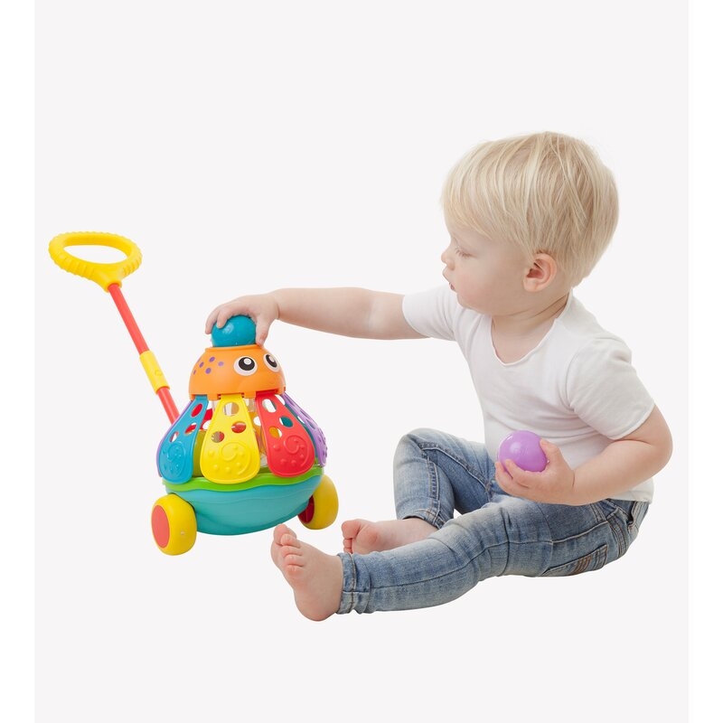 Jucarie de impins, Playgro, Cu 3 bile colorate, Cu maner detasabil, 6 luni+, Push Along Ball Popping Octopus