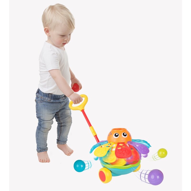 Jucarie de impins, Playgro, Cu 3 bile colorate, Cu maner detasabil, 6 luni+, Push Along Ball Popping Octopus